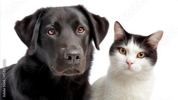Fototapeta A loyal black dog sits next to a playful cat. This charming image captures the bond between different pets. Perfect for animal lovers, it showcases friendship and companionship. AI