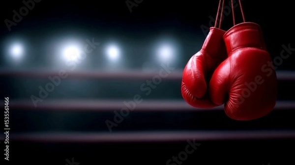 Fototapeta A pair of red boxing gloves hang in a dimly lit gym. The focus is on the gloves, highlighting their bold color and texture. Perfect for sports and fitness themes. AI