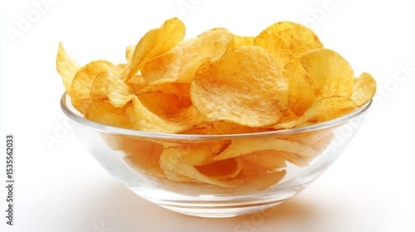 Fototapeta A glass bowl filled with delicious golden potato chips. The crispy snacks are perfect for parties or casual gatherings. Enjoy them with your favorite dip. Perfect for sharing. AI
