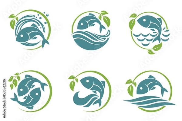 Fototapeta collection of nature fish icon with waves isolated on white background
