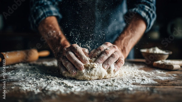 Obraz baker kneading dough on table
