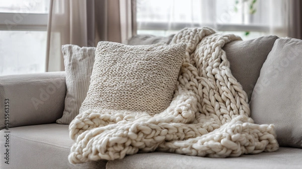 Obraz soft wool pillow and hand-knitted blanket folded on modern sofa