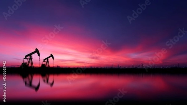 Fototapeta A stunning sunset illuminates an oil field with silhouettes of pumpjacks. The colors blend beautifully in the sky. Nature meets industry in this compelling image. AI