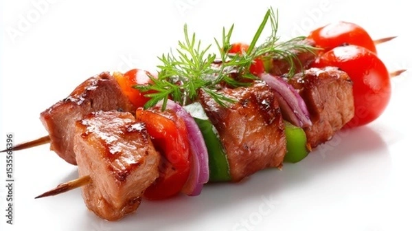 Fototapeta Delicious grilled meat skewers with colorful vegetables and herbs. Perfect for outdoor barbecues or themed parties. A vibrant dish that highlights flavor and freshness. AI