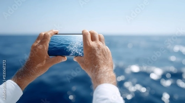 Fototapeta A person capturing the beauty of the ocean with a smartphone. The blue water sparkles under the sunlight. This image shows a peaceful moment at sea. A perfect shot for nature lovers. AI