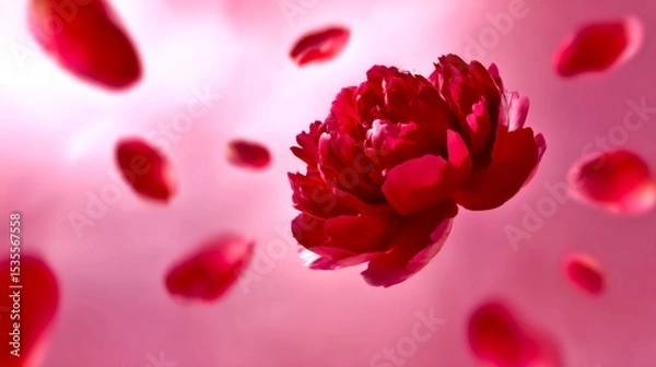 Fototapeta A vibrant red flower stands out against a soft pink background. Petals float gently around it, creating a dreamy and romantic atmosphere. Perfect for floral designs and decorations. AI