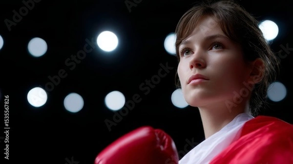Fototapeta A young female boxer stands confidently in a boxing ring. The red gloves symbolize strength. Her focused gaze shows dedication. This image captures the essence of sports and empowerment. AI