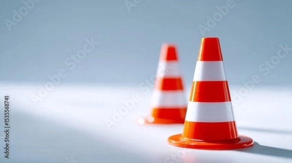 Fototapeta Two orange and white traffic cones are set against a soft blue background. They symbolize caution and road safety. Perfect for construction or event planning themes. AI