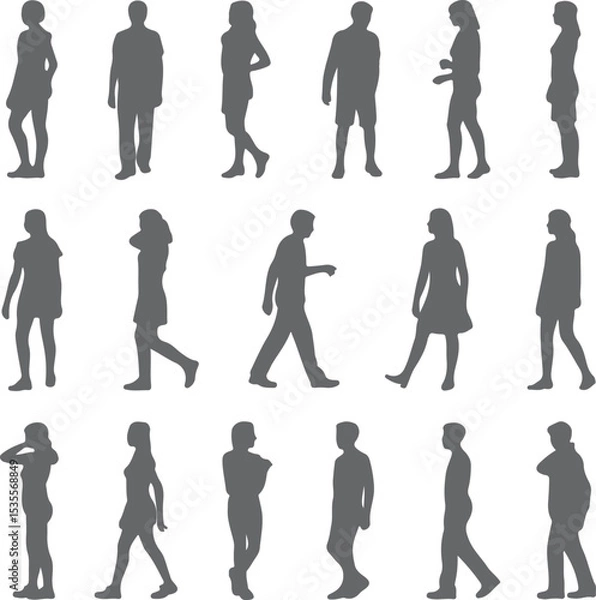Fototapeta Collection of Gray Human Silhouettes Various Poses Standing Walking Men Women Different Views Simple Graphic Design Elements