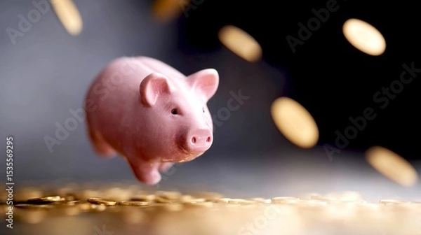 Fototapeta A cheerful pink piggy bank leaps over a pile of shiny gold coins. This lively scene symbolizes savings, wealth, and prosperity. A modern and playful style perfect for financial themes. AI