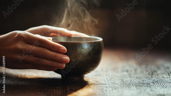 Obraz 湯気立つお椀を手で包む温かな癒しの時間