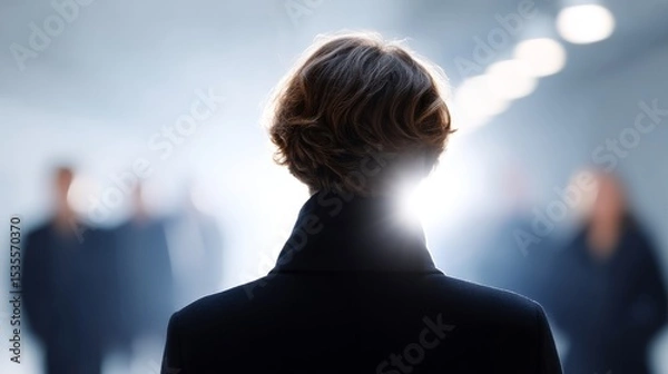 Fototapeta A mysterious figure stands in the foreground, gazing into a bright light. This image showcases a sense of intrigue and contemplation. Perfect for editorial and creative projects. AI