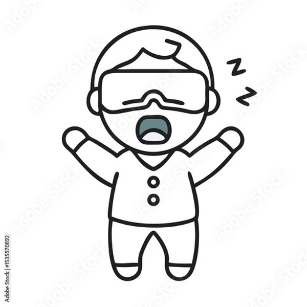 Fototapeta Yawning Boy in Cozy Pajamas Enjoys Fun Moment With VR Glasses