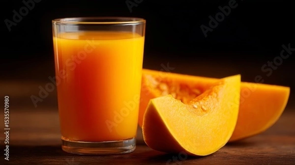 Fototapeta Fresh pumpkin juice in a clear glass showcasing its vibrant orange color. Accompanied by sliced pumpkin pieces. Perfect for healthy beverages. Ideal for food photography projects. AI