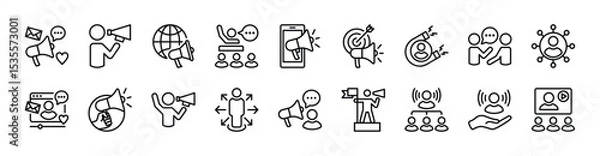 Fototapeta Megaphone influence icon set. Contains social media, leadership, influencer, advertising, communication, digital marketing target, campaign, content, brand awareness. Vector illustration