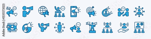 Fototapeta Set of megaphone influence icon. Contains social media, leadership, influencer, advertising, communication, digital marketing target, campaign, content, brand awareness. Vector illustration