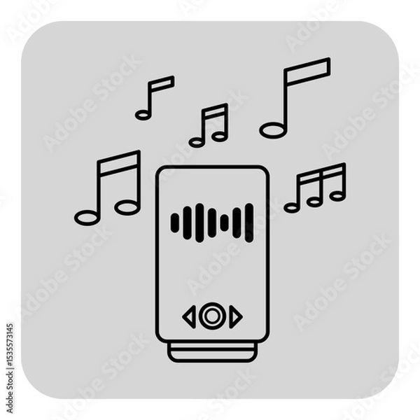Obraz Line drawing of music player on light gray background, surrounded by music notes, signifying sound and playback functionalities