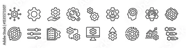 Fototapeta Gear setting and setup icon set. Contains configuration, option, operation, optimization, engineering, equalizer, customization, repair, cogwheel, maintenance, system, panel, update. Vector EPS 10