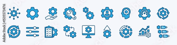 Fototapeta Set of gear setting and setup icon vector. Contains configuration, option, operation, optimization, engineering, equalizer, customization, repair, cogwheel, maintenance, system, panel, update