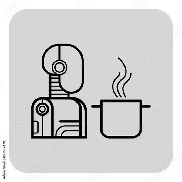 Obraz Minimalistic line icon of robot chef next to steaming pot. Innovation in culinary technology and kitchen automation concept. Ideal for modern cooking themes