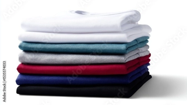 Fototapeta A neat stack of colorful t-shirts in various shades. This image showcases an organized collection of casual wear, perfect for everyday use. Simple and stylish. AI