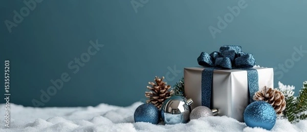 Obraz Festive holiday scene with wrapped gift boxes pinecones blue ornaments and snow on a snowy surface