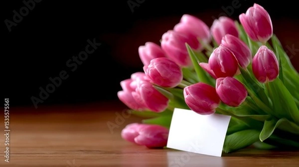 Fototapeta Beautiful bouquet of pink tulips set on a warm wooden table. The delicate flowers create a charming atmosphere. Perfect for spring celebrations. A lovely touch for any event. AI