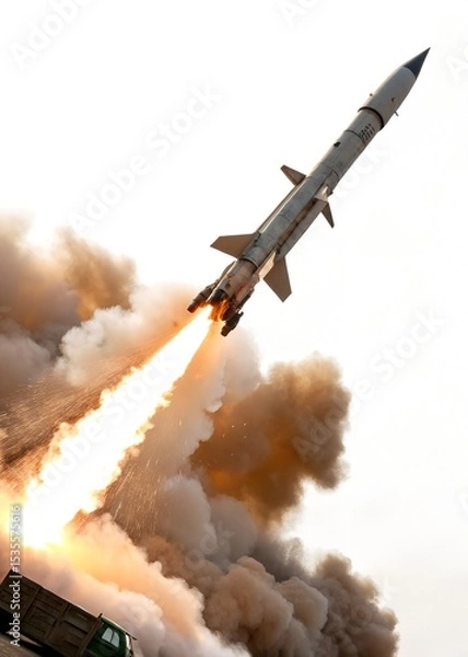 Fototapeta Military Missile Launch with Fiery Exhaust – Isolated on White Background, High-Resolution Stock Image