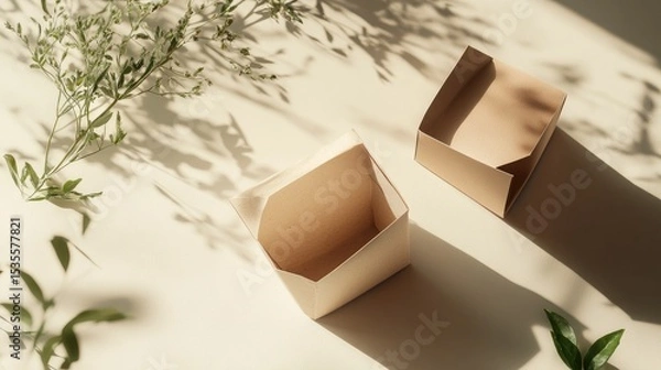 Fototapeta Minimalist Empty Paper Boxes with Natural Light and Greenery on Neutral Background for Creative Packaging Concepts