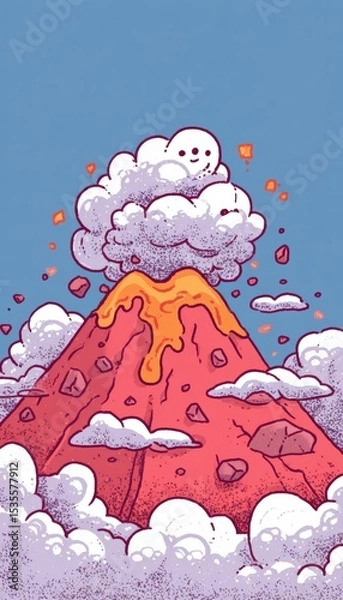 Fototapeta Playful Cartoon Volcano Eruption with Smiling Lava and Bouncing Rocks