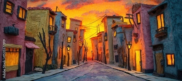Fototapeta Plasticine Street Scene at Sunset with Glowing Windows and Soft Textures