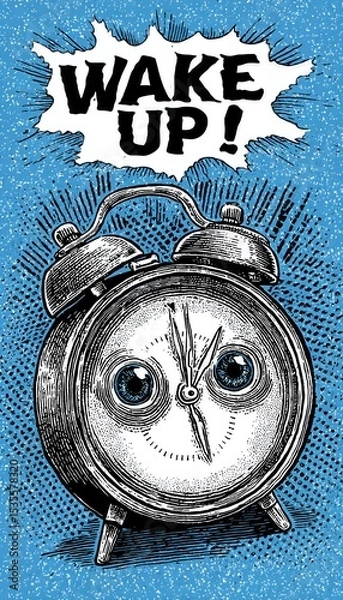 Fototapeta Retro Alarm Clock with Comic Eyes and "Wake Up!" Burst