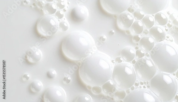 Fototapeta Abstract macro-dumplings with white bubbles of various sizes floating on a light surface. Smooth texture and soft lighting create a feeling of cleanliness and freshness.