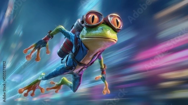 Fototapeta Superhero Frog with Goggles and Jetpack Soars Over Neon Cityscape