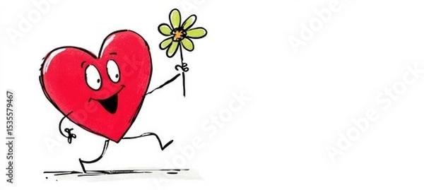 Fototapeta Valentine's Day Cartoon Heart Character with Flower and Smiling Face