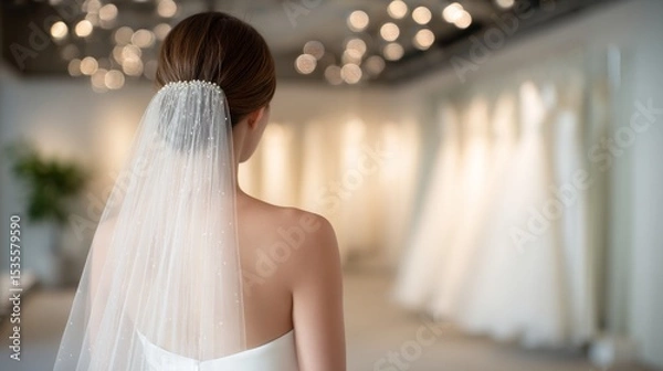 Fototapeta A bride stands with her back to the camera in a bridal shop. The soft glow of lights enhances the atmosphere. The designs of elegant wedding dresses are displayed beautifully. AI