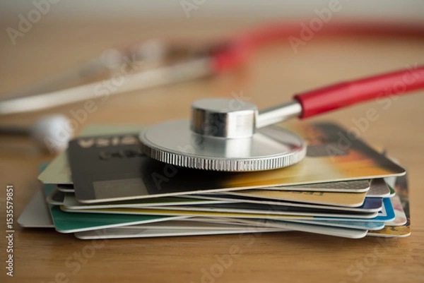 Fototapeta Close up red stethoscope on many credit card. Past due payment or least minimum for credit card, personal financial problem, household debt issues, refinancing, financial advisor checkup concept.