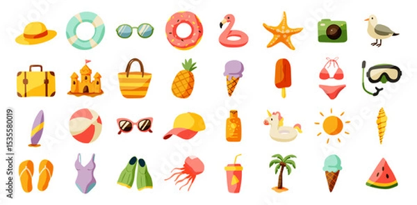 Fototapeta A collection of beach and pool related icons including a swimsuit, sunglasses, and a camera. The icons are arranged in a grid and are all in bright colors