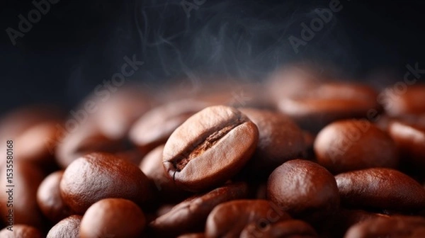 Fototapeta Rich brown coffee beans are piled together, giving off a warm aroma. The close-up view captures their glossy texture and freshness. Perfect for coffee lovers. AI