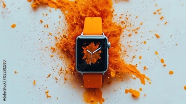 Fototapeta Vibrant Orange Explosion Surrounding Smartwatch Displaying Leaf Design on White Background