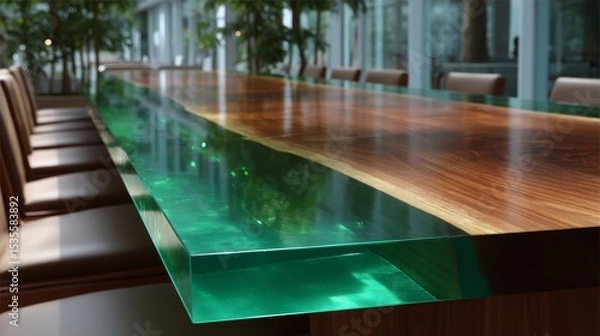 Fototapeta A stunning wooden table with a unique green resin edge. The natural grain meets modern design. Perfect for contemporary dining or office spaces. This piece adds elegance to any setting. AI