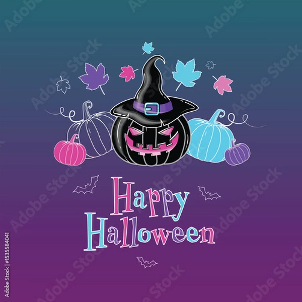 Fototapeta Happy Halloween and Autumn Vector Neon Colors Design in Magenta and Blue Colors. Creative and cool Halloween Background or poster, banner, greeting card or any else. 