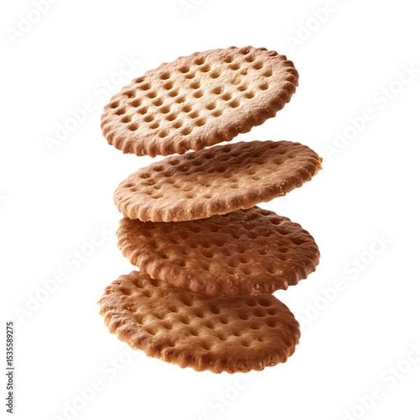 Obraz Flying falling round cookies isolated on transparent or white background, png