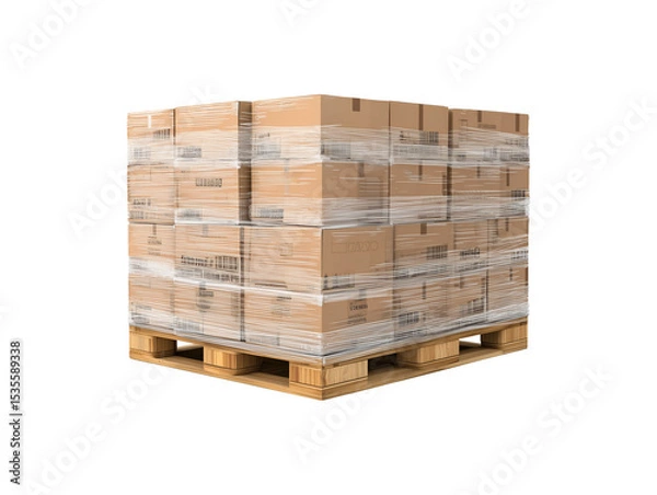 Obraz Shrink-wrapped pallet of cardboard boxes isolated on transparent or white background, png