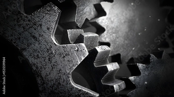 Fototapeta Mechanical machinery made of gears and cogs in black and white tones, detailed industrial background illustration
