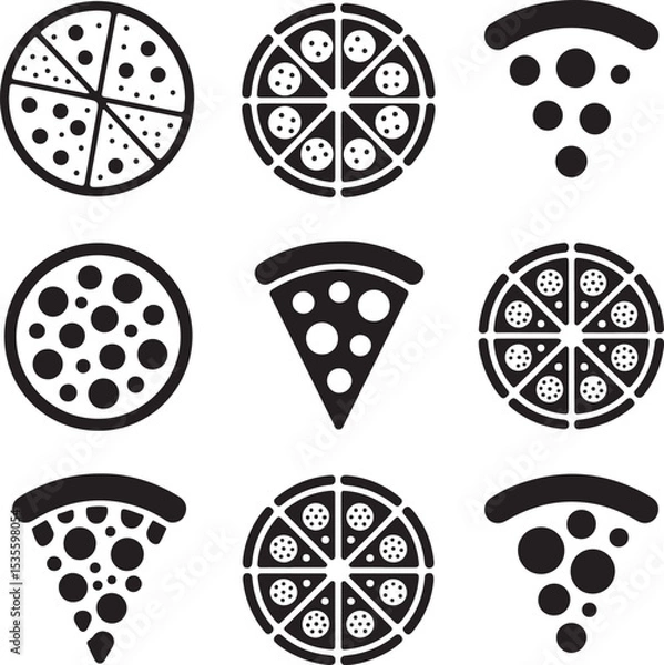 Fototapeta Pizza slice silhouettes icons vector set. Black silhouettes of Pizza slice. Delicious pizza slice silhouettes vector. Stylized pizza slices vector illustrations