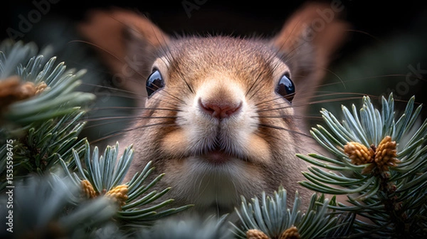 Fototapeta Close-up portrait of an adorable red squirrel peeking curiously from behind a branch, with a softly blurred natural forest background, capturing the lively and charming nature of wildlife
