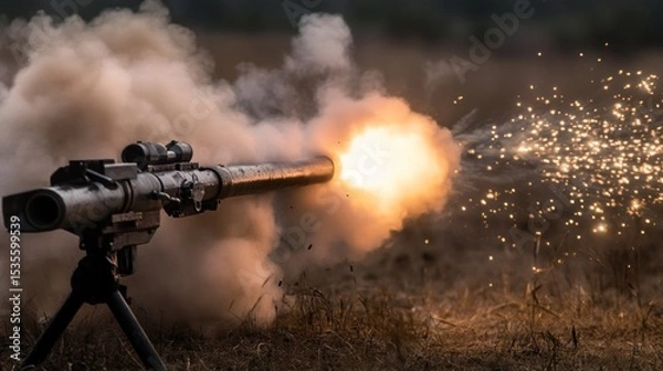 Fototapeta Close-up shot of a military weapon firing with sparks and smoke emanating out