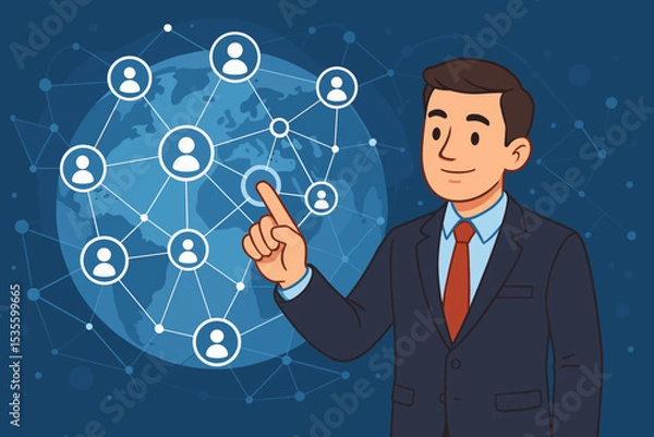 Fototapeta Global business connection concept. Businessman pointing at worldwide social network on a virtual screen. International teamwork and communication technology vector illustration.