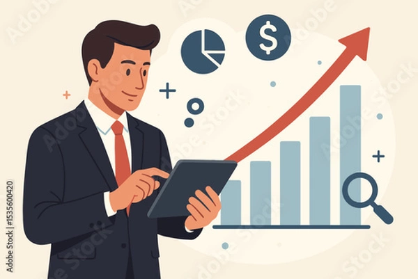 Fototapeta Businessman analyzing sales growth and financial report on tablet. Business success concept with growing graph and chart. Vector illustration of market data analysis and investment.